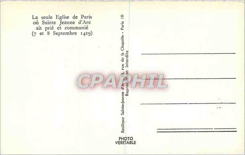 CPM La seule Eglise de Paris ou Sainte Jeanne d'Arc ait prie et communie  — Rückseite