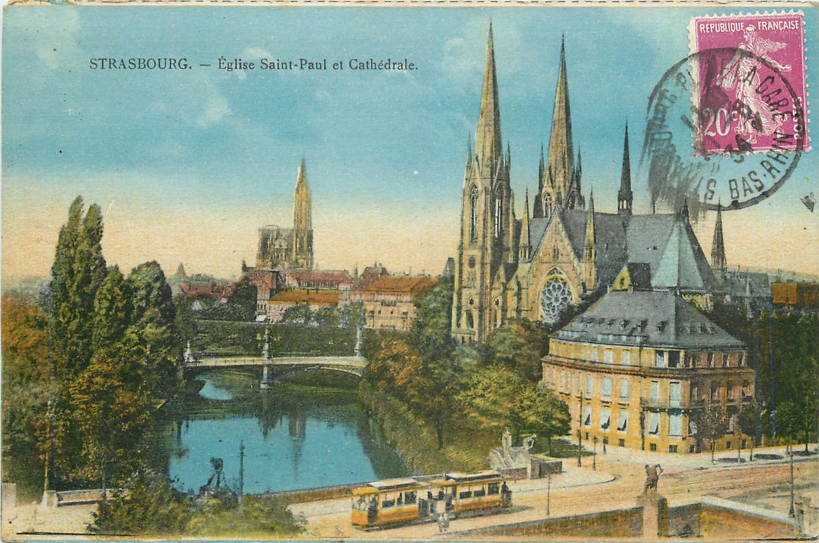 CPA Strasbourg Eglise Saint Paul et Cathedrale Tramway