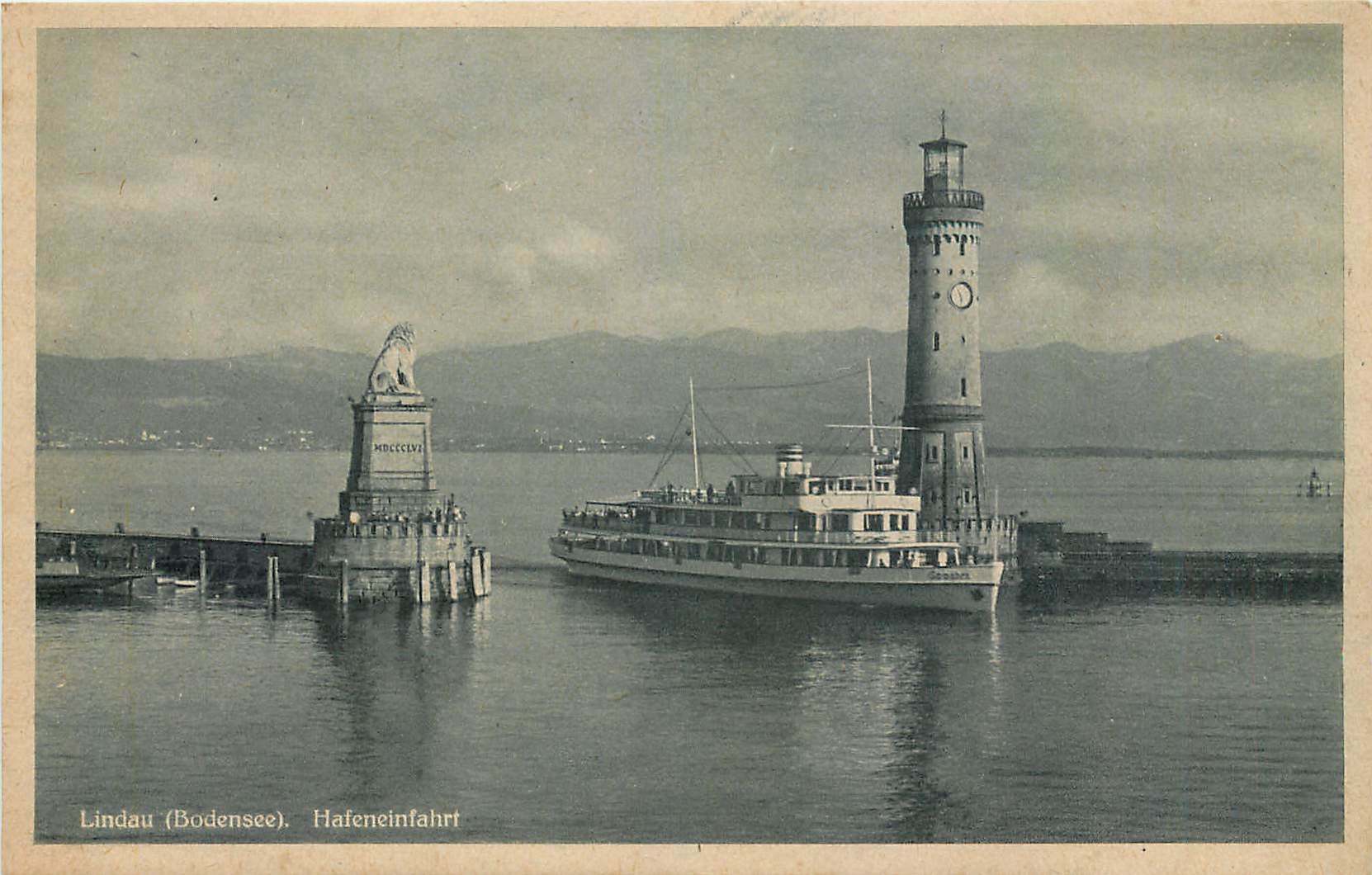 CPA Lindau Bodensee Hafeneinfahrt Lion Phare Bateau