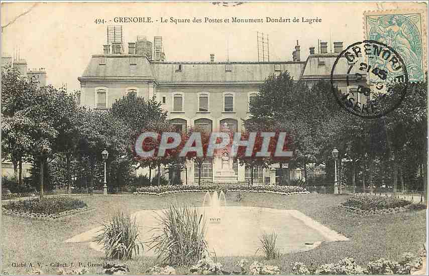 Grenoble - Le Square des Postes et Monument Dondart de Lagrée — Cliché A. V., Collection L. P., Grenoble