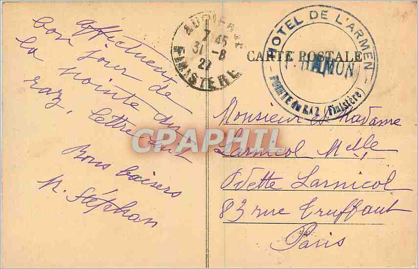 CPA Pointe du Raz Rochers Dominant l'Enfer de Plogoff  — Verso