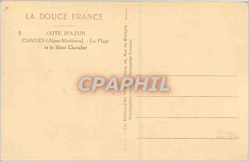 Cannes — La Plage et le Mont Chevalier — Les Éditions d'Art VV01 — Reverso