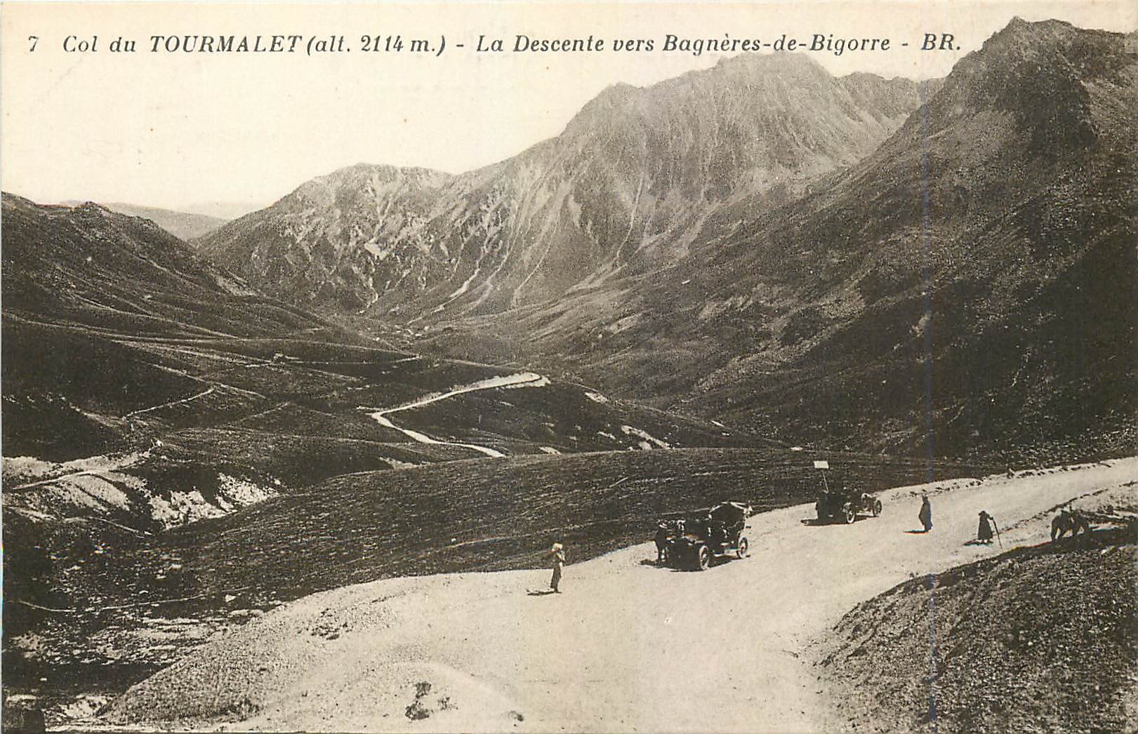 Col du TOURMALET (Höhe 2114 m.) — Die Abfahrt nach Bagnères-de-Bigorre — BR. — Bloc Frères, Verleger, Bordeaux.