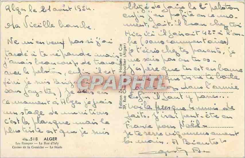 CPM Alger Les Rampes La Rue d'isly Casino de la Corniche Le Stade  — Rückseite