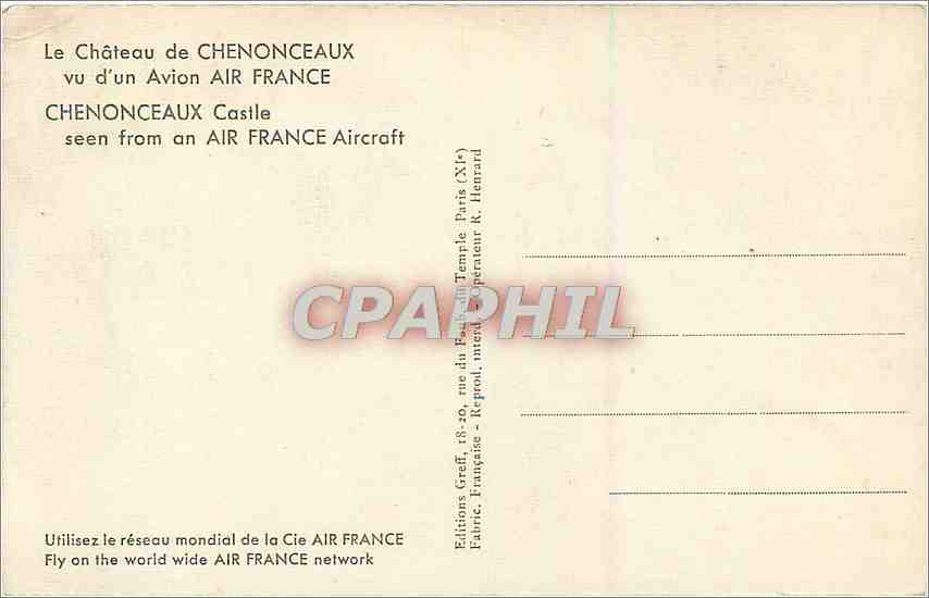 CPM Le Chateau de Chenonceaux vu d'un Avion Air France  — Rückseite