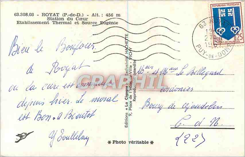 CPM Royat P de D Station du Coeur Etablissement Thermal et Source Eugenie  — Rückseite
