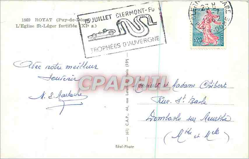 CPMAutomobileRoyat Puy de Dore l'Eglise St Leger  — Rückseite