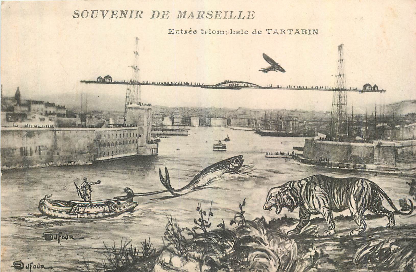CPA Souvenir de Marseille Entree triomphale de Tartarin Sardine Tigre Avion Aviation