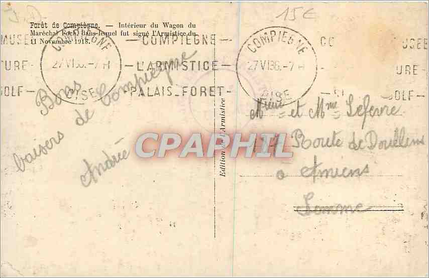 CPM Foret de Compiegne Interieur du Wagon du Marechal Foch Militaria — Verso