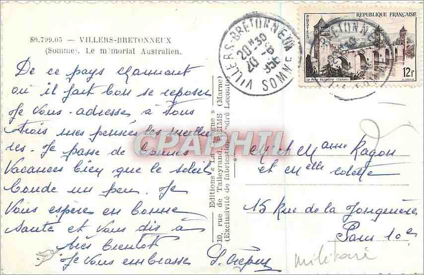 CPM Villers Bretonneux Le memorial americain — Verso