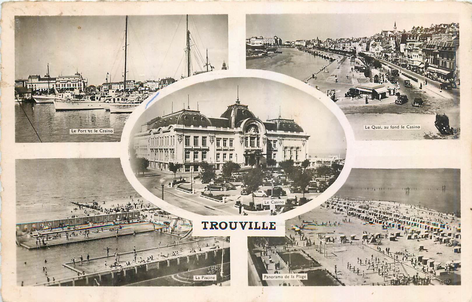 CPM Trouville Le port et la casino Le quai au fond le casino La piscine Panorama de la plage
