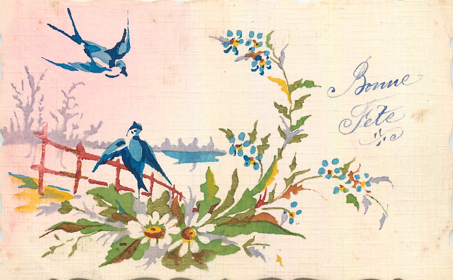 CPA Bonne Fete Hirondelles Oiseaux (dessin a la main)