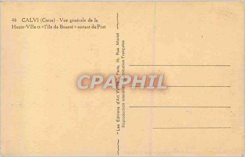 Calvi (Corse) — Vue générale de la Haute-Ville et « l'Île de Beauté » sortant du Port — Les Éditions d'Art YON, Paris — Rückseite