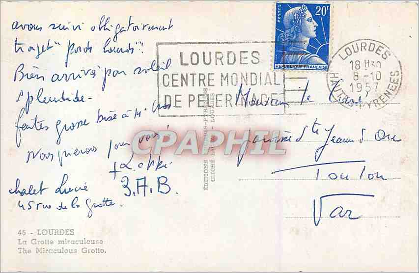 CPM Lourdes La grotte miraculeuse  — Verso