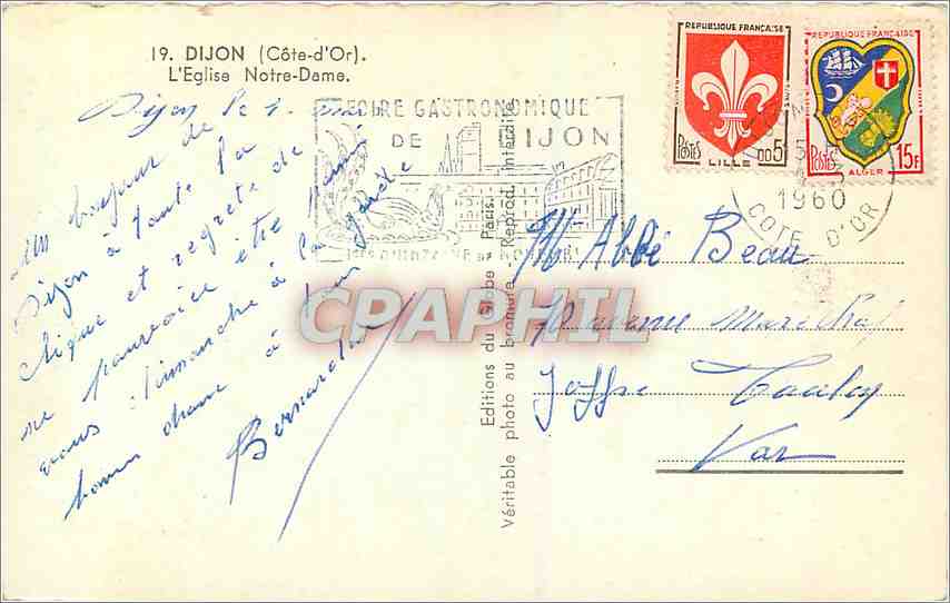 CPM Dijon Cote d'Or L'Eglise Notre Dame  — Verso
