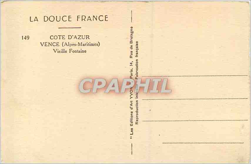 CPA Vence Alpes Maritimes Vieilles Fontaine  — Rückseite