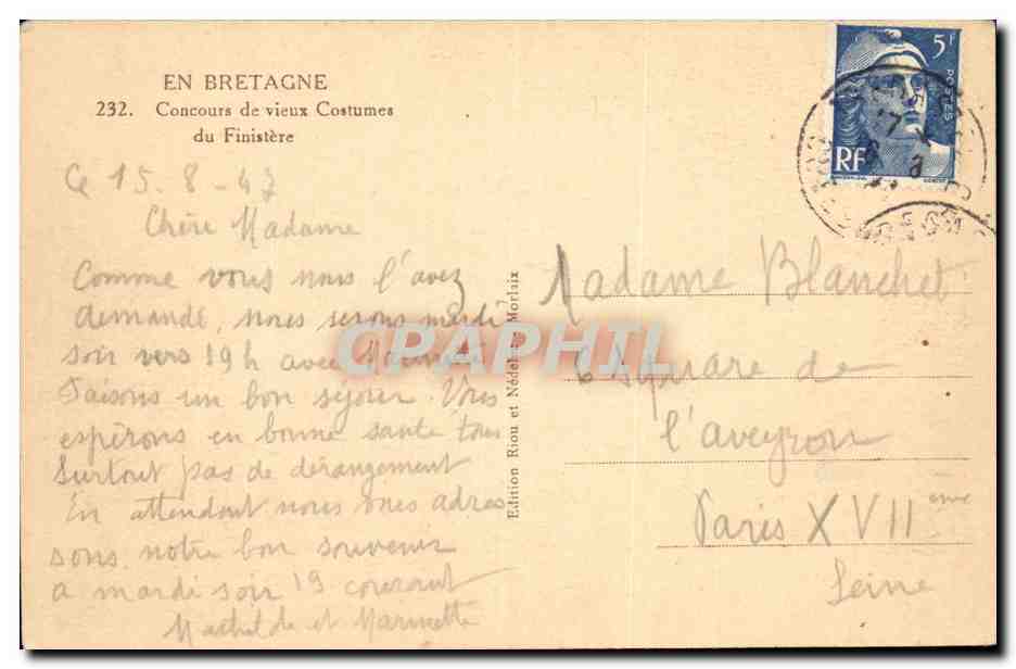 Bretagne- Concours de vieux Costumes du Finistere -CPA — Verso