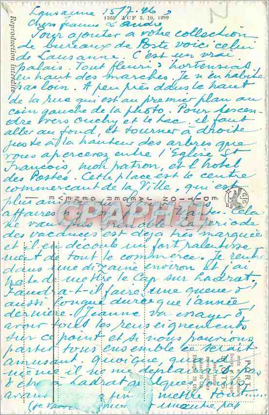 CPM Lausanne Place St Francois Eglise St Francois et l'Hotel des Postes  — Verso
