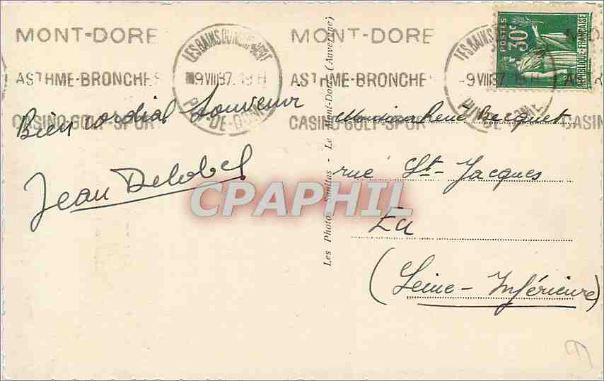 CPA Sports d'Hiver Mont Dore Sancy Teleferique — Rückseite