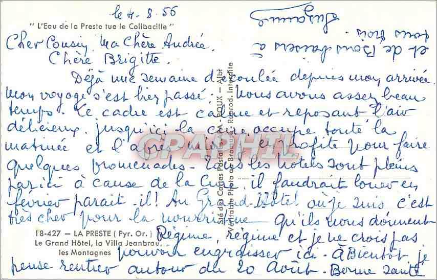 CPM La Preste Pyr Or Le Grand Hotel la Villa Jeanbrau les Montagnes  — Rückseite