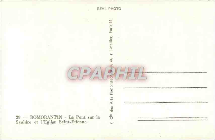 CPM Romorantin Le Pont sur la Sauldre et l'Eglise Saint Etienne  — Rückseite