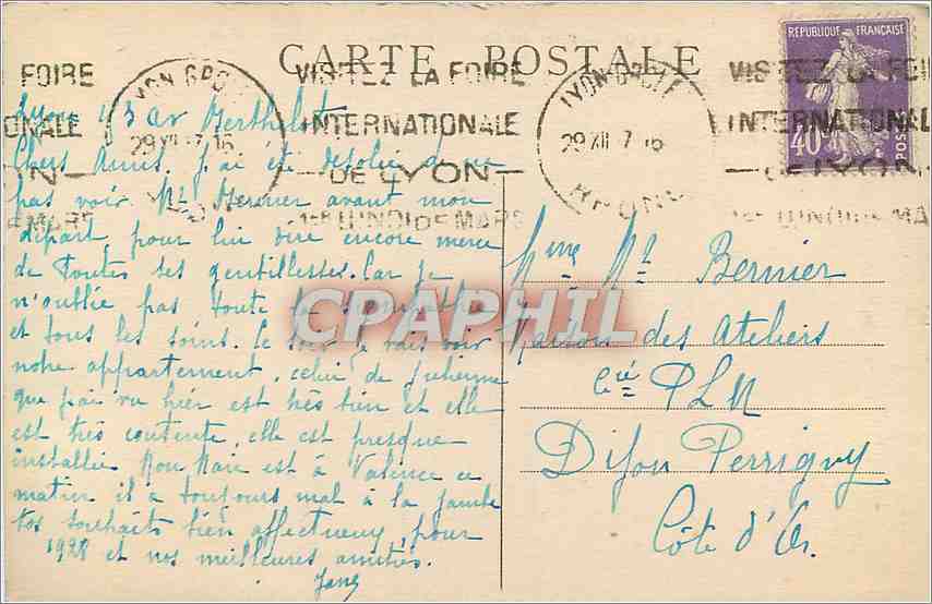 CPA Lyon Place des Cordeliers Palais de la Bourse TramwayGrand bazar de Lyon — Verso