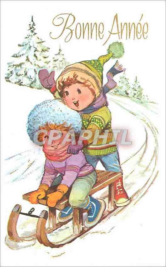 CPA Bonne Annee Enfants Luge