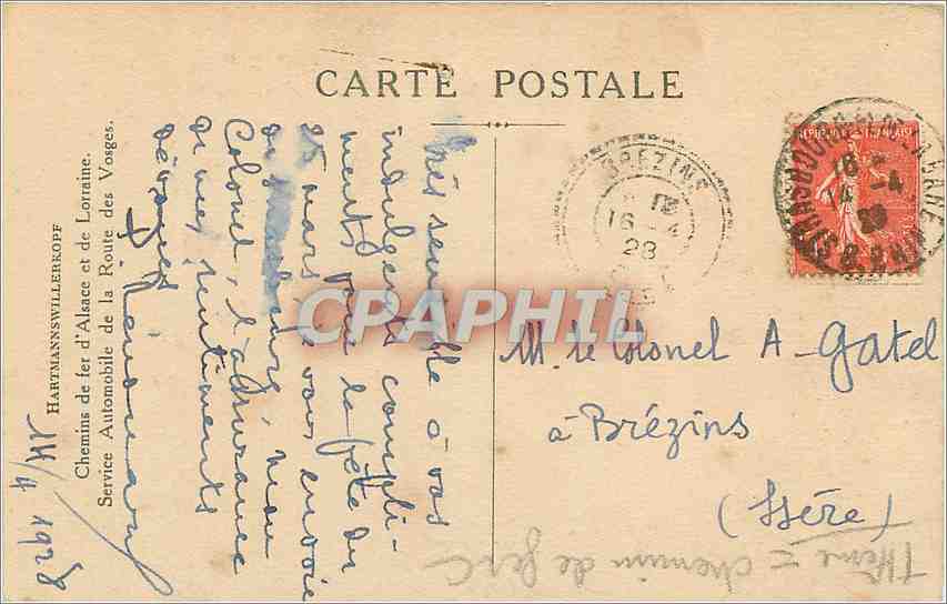 CPA Hartmannswillerkopf Chemins de fer d'Alsace et de Lorraine  — Verso
