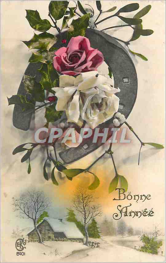CPA Bonne Annee Fleurs Fer a cheval
