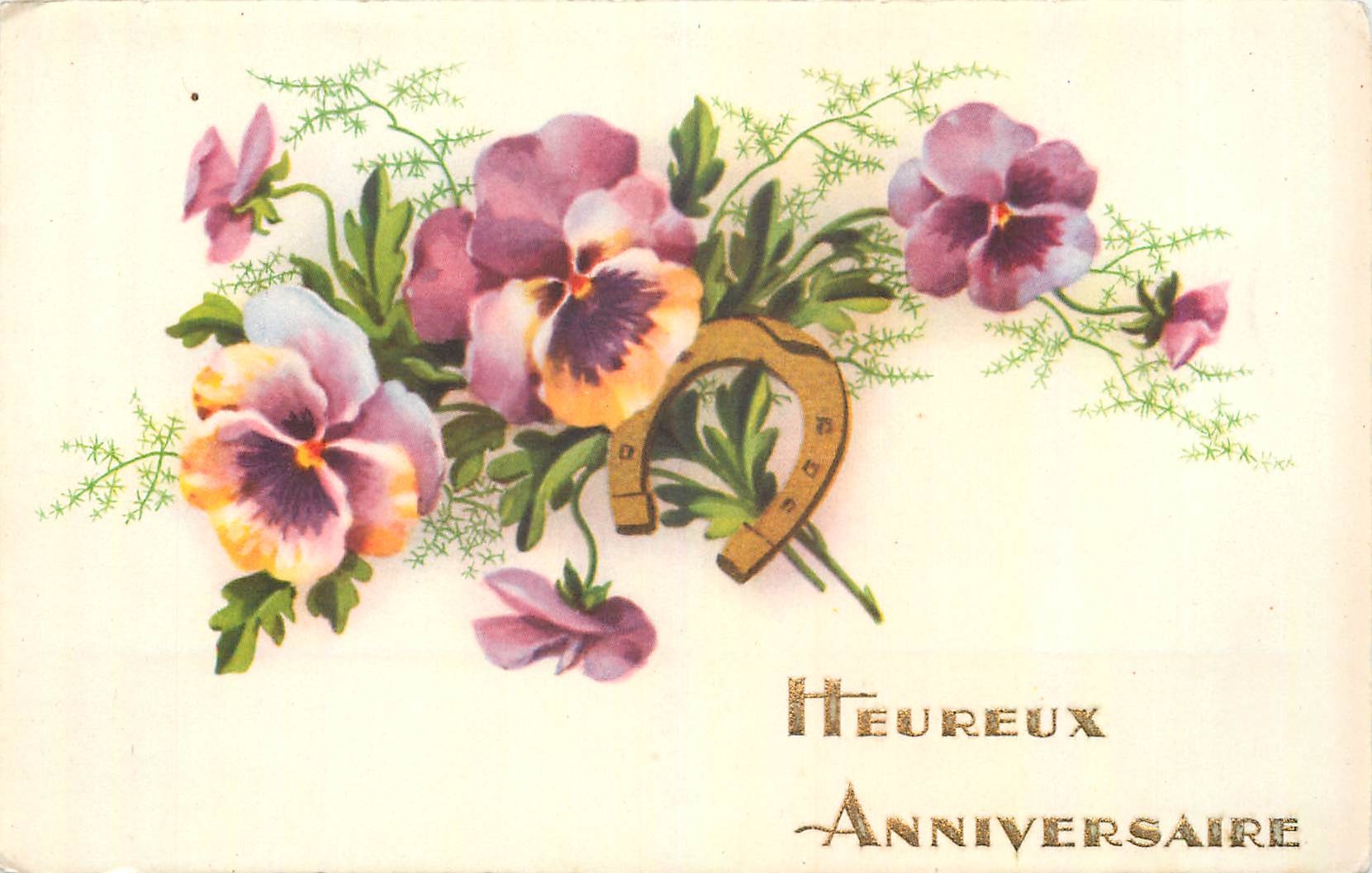 CPA Heureux Anniversaire Fleurs Fer a cheval