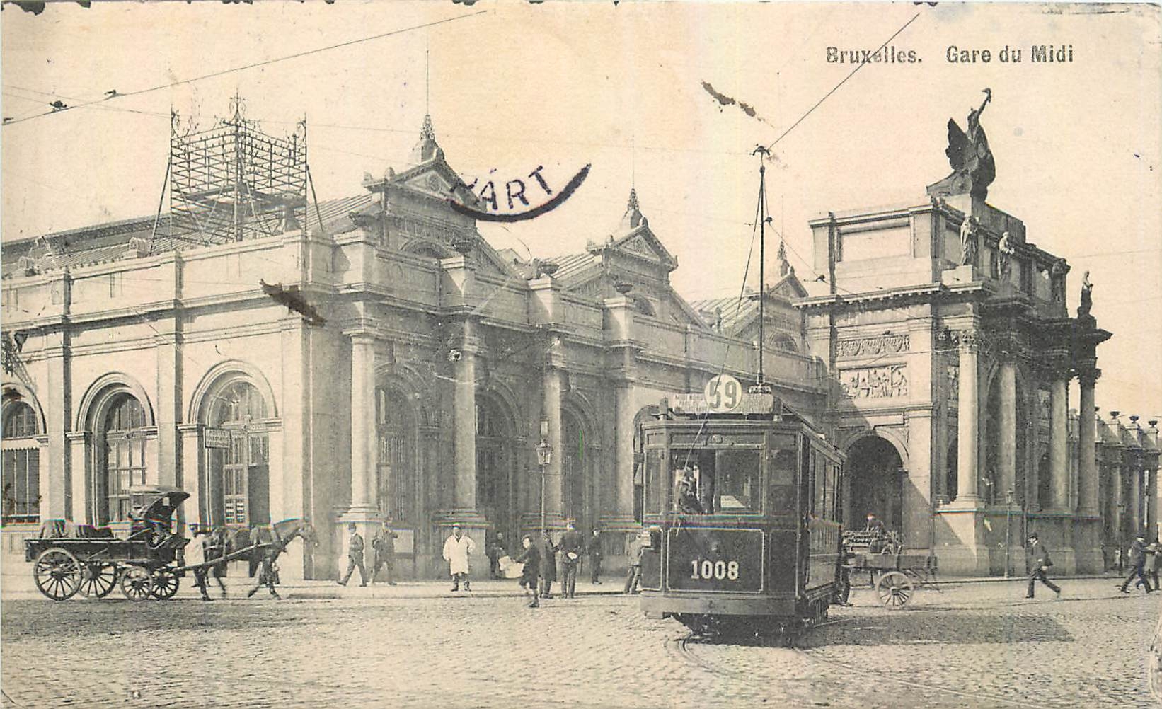 Bruxelles. Gare du Midi — vue de la gare avec tramway n°1008 et char à cheval — éditeur Carte Postale, n°1008