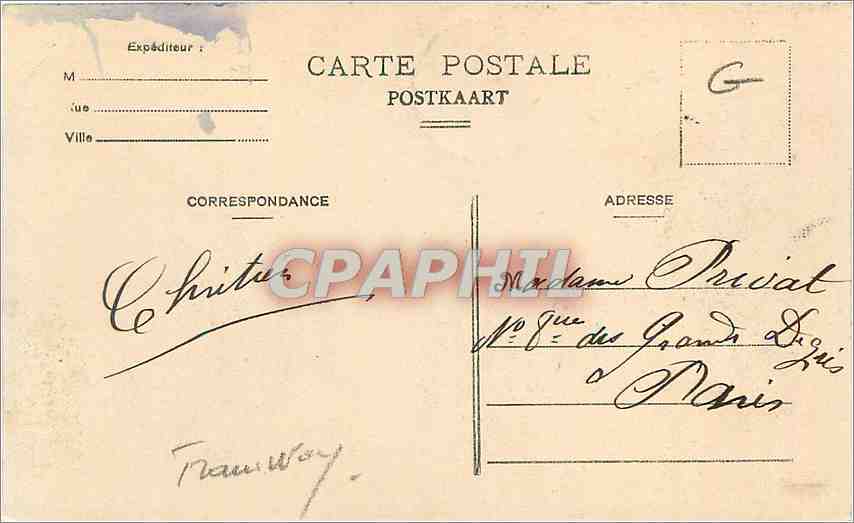 Bruxelles. Gare du Midi — vue de la gare avec tramway n°1008 et char à cheval — éditeur Carte Postale, n°1008 — Rückseite