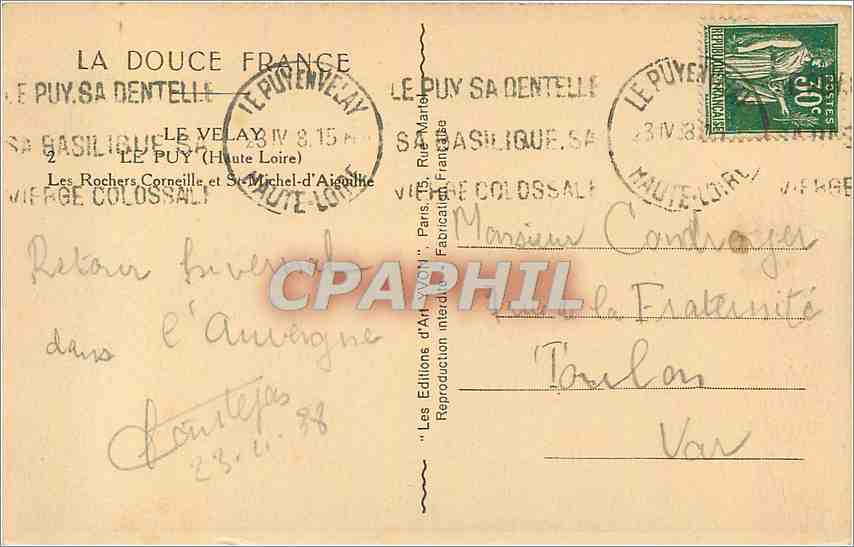 CPA Le Velay Le Puy Haute Loire  — Rückseite