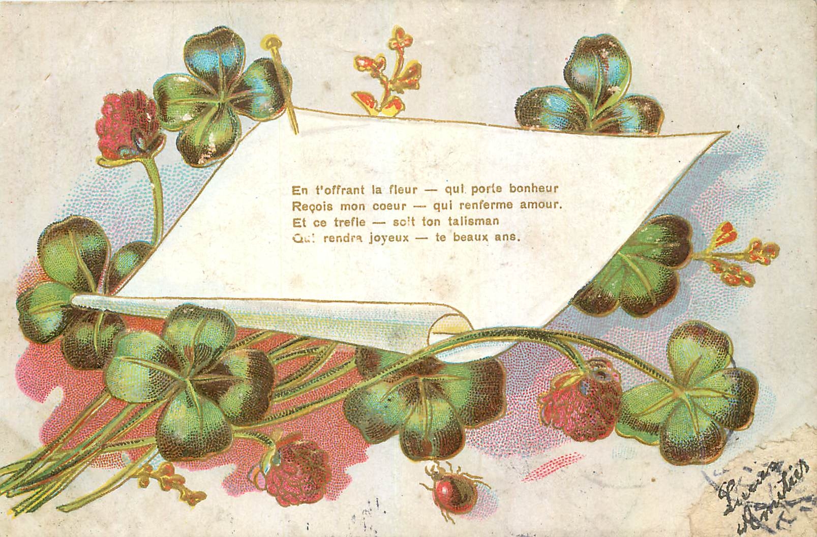 CPA En t'offrant la fleur qui porte bonheur Fleurs
