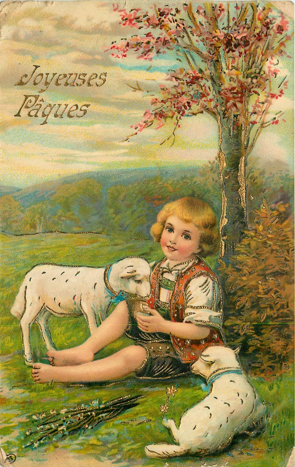 CPA Joyeuses Paques Enfant Agneaux
