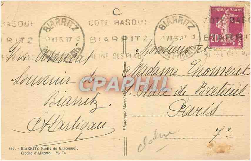 CPA Biarritz Cloche d'Alarme  — Verso