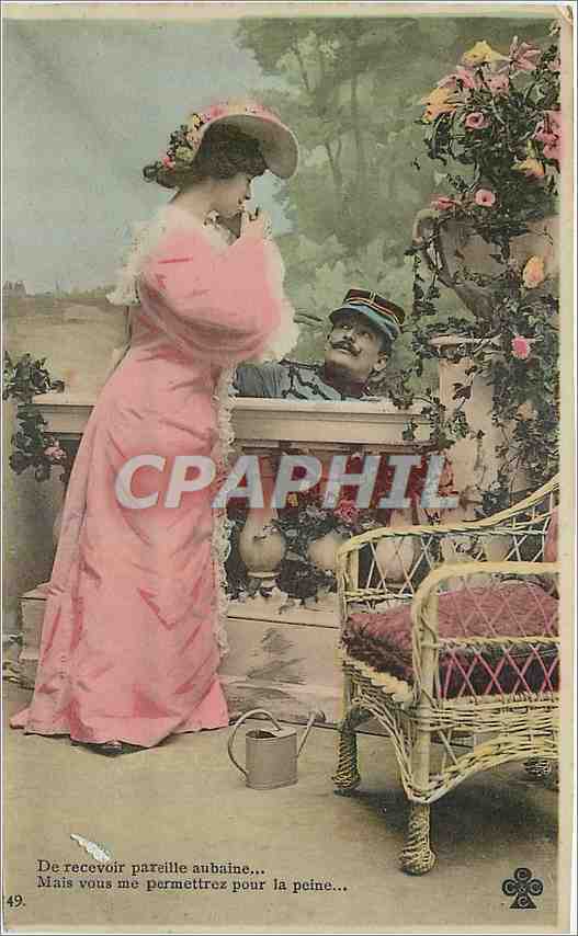 Femme en robe rose et militaire au balcon — scène sentimentale — éditeur non identifié, n° 49