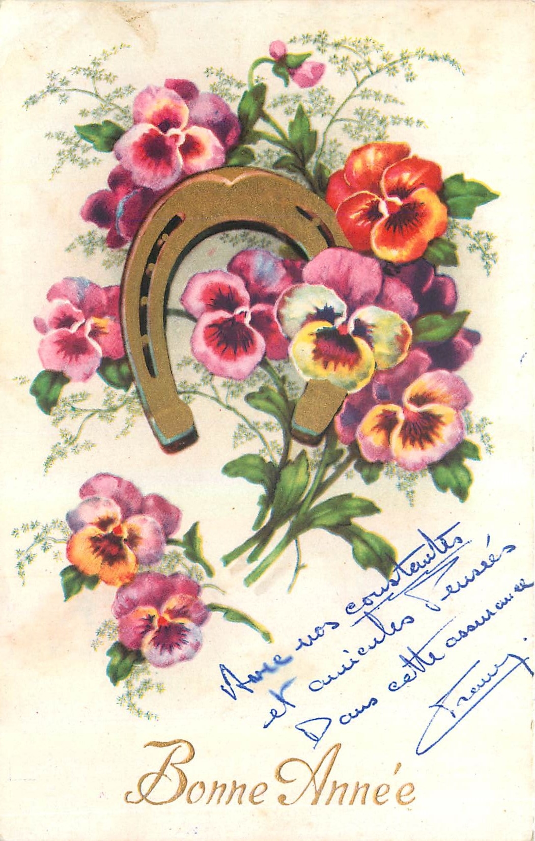 CPA Bonne Annee Fleurs Fer a cheval