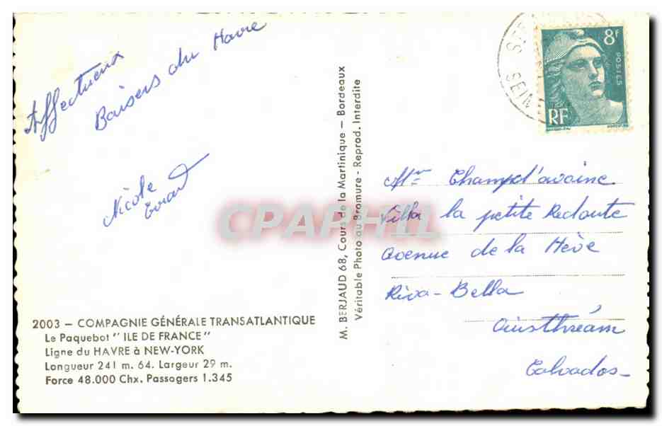 Paquebot 'Ile de France' — Compagnie Générale Transatlantique — M. Berjaud 68, Bordeaux — Achterkant