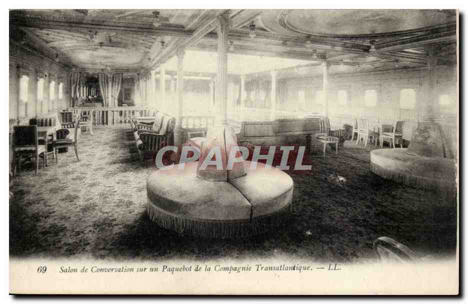 Steamer-Boat-Paquebot- Salon de Conversation de la Compagnie Transatlantique- CPA