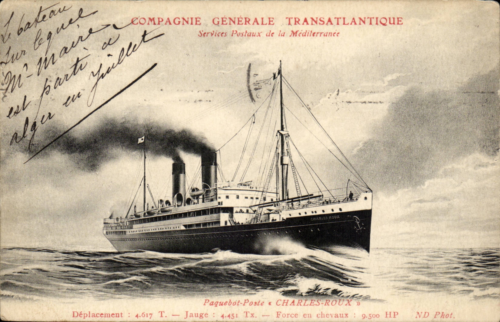 Paquebot « CHARLES-ROUX » — Compagnie Générale Transatlantique, Services Postaux de la Méditerranée — ND Phot.