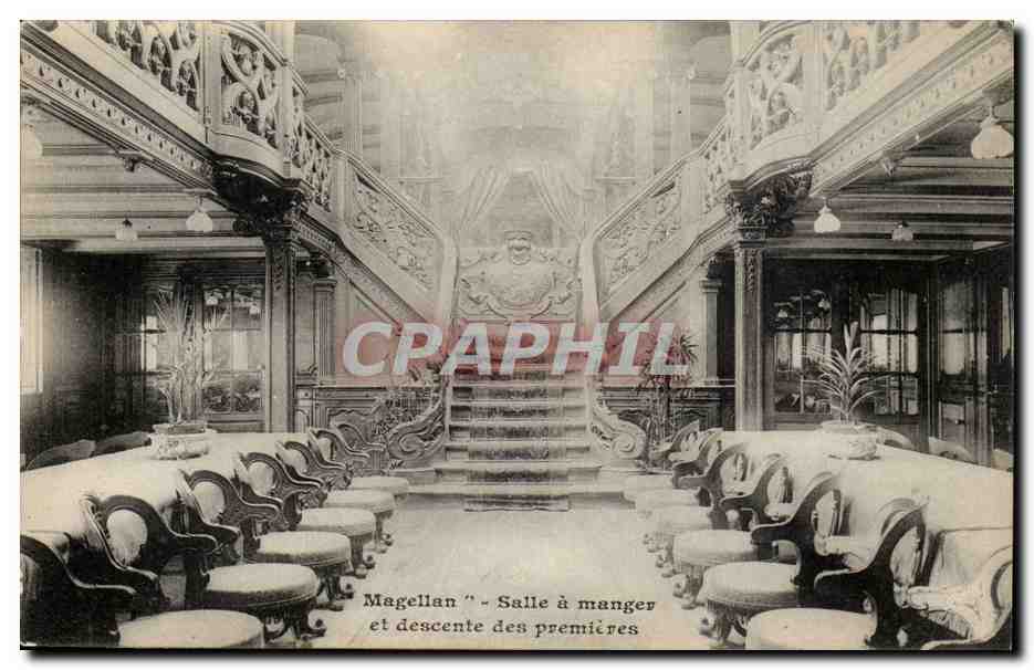 Steamer-Boat-Paquebot- 'Magellan' Salle a manger et descente de premieres- CPA