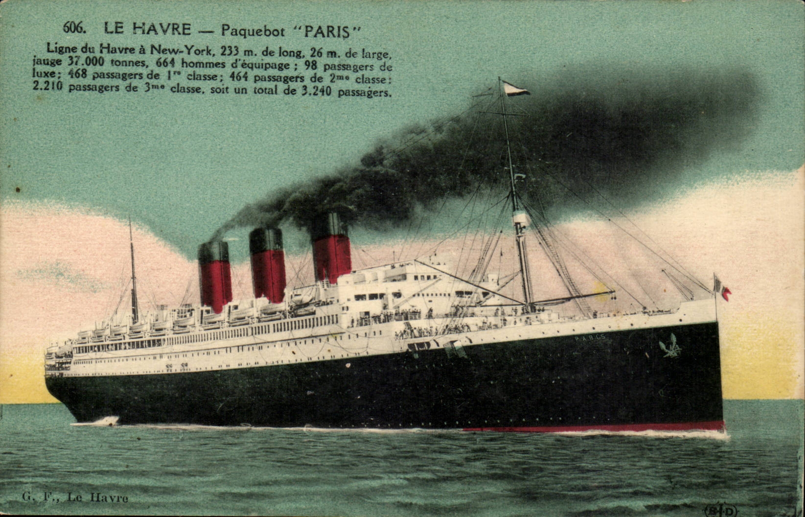 Steamer-Boat-Paquebot- Le Havre 'Paris' Ligne de Havre New York 233m de long 26 m de large - CPA