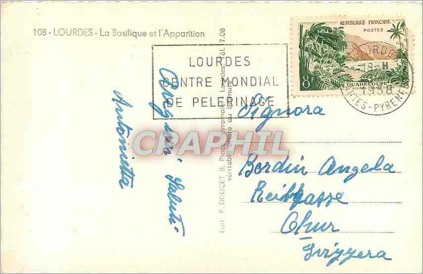 CPM Lourdes La Basilique et l'Apparition  — Verso