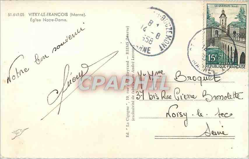CPM Vitry le Francois Marne Eglise Notre Dame  — Verso