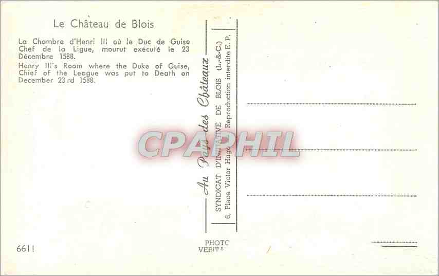 CPM Le Chateau de Blois La Chambre d'Henri III  — Verso