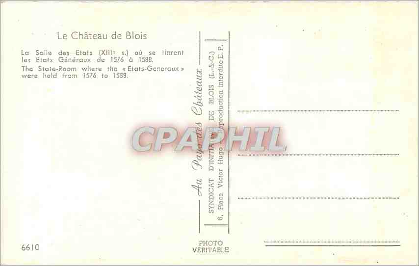 CPM Le Chateau de Blois La Salle des Etats  — Verso