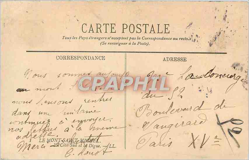 Le Mont-Saint-Michel — Le Côté Sud et la Digue — Éditeur non identifié, n° de série 1 — Rückseite