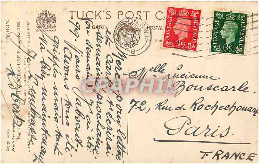 Les Chambres du Parlement — vue de la rivière — Tuck's Post Card — Verso