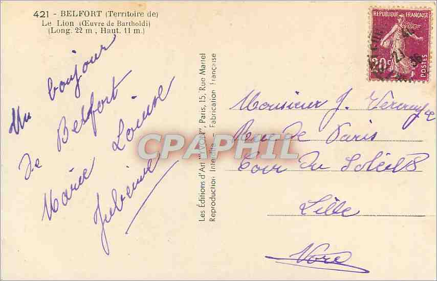 CPA Belfort Territoire de Le Lion  — Verso